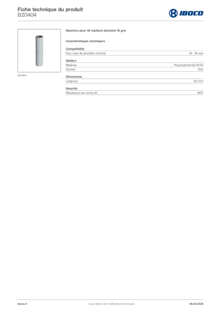 Image Iboco Fiche technique du produit B20404 | Hager France