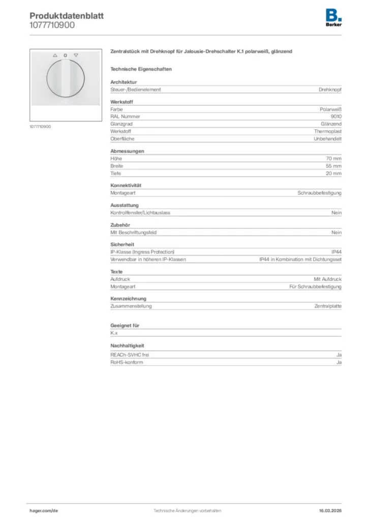 Bild Berker Produktdatenblatt 1077710900 | Hager Deutschland
