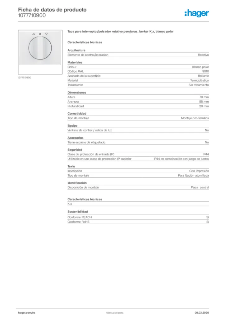 Imagen Hager Ficha de datos de producto 1077710900 | Hager España