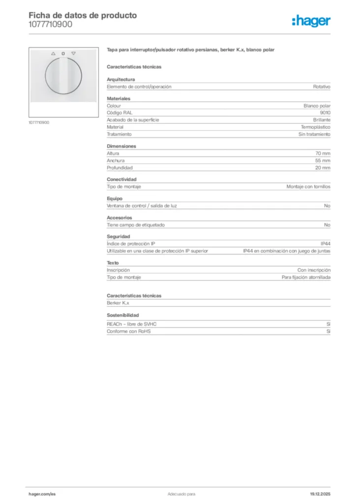 Imagen Hager Ficha de datos de producto 1077710900 | Hager España