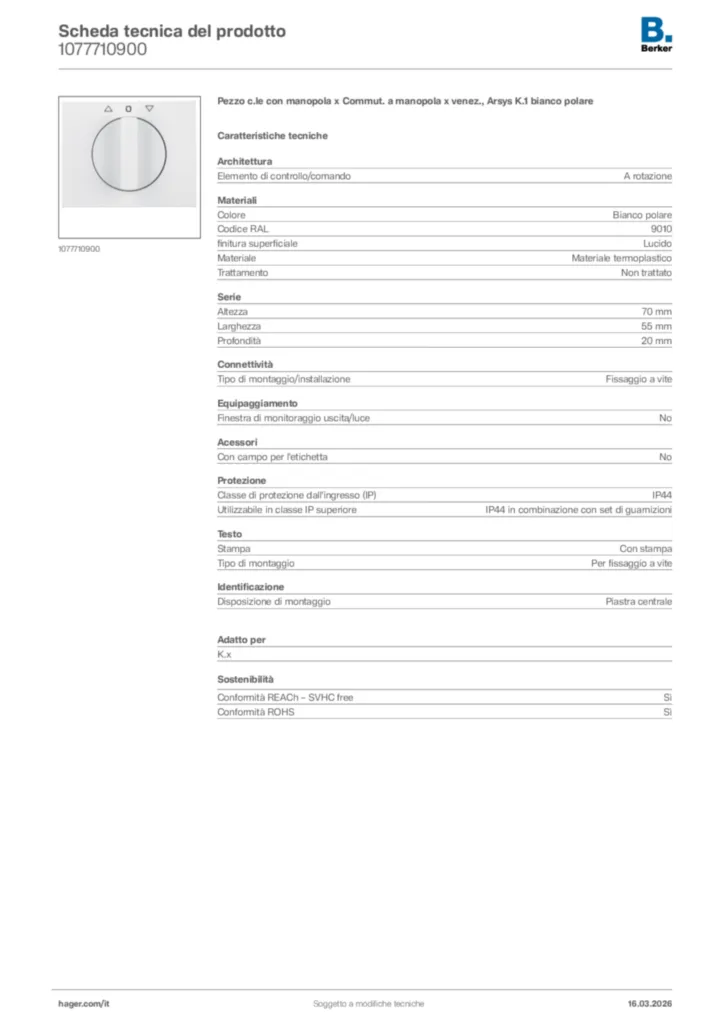 Immagine Berker Scheda tecnica del prodotto 1077710900 | Hager Italia
