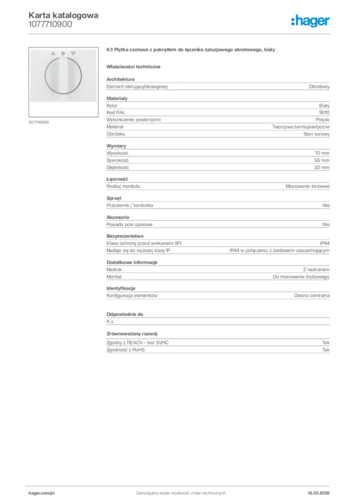 Zdjęcie Hager Karta katalogowa 1077710900 | Hager Polska