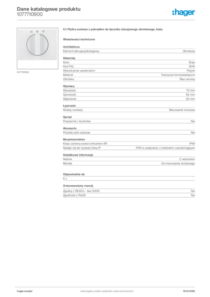 Zdjęcie Hager Karta katalogowa 1077710900 | Hager Polska