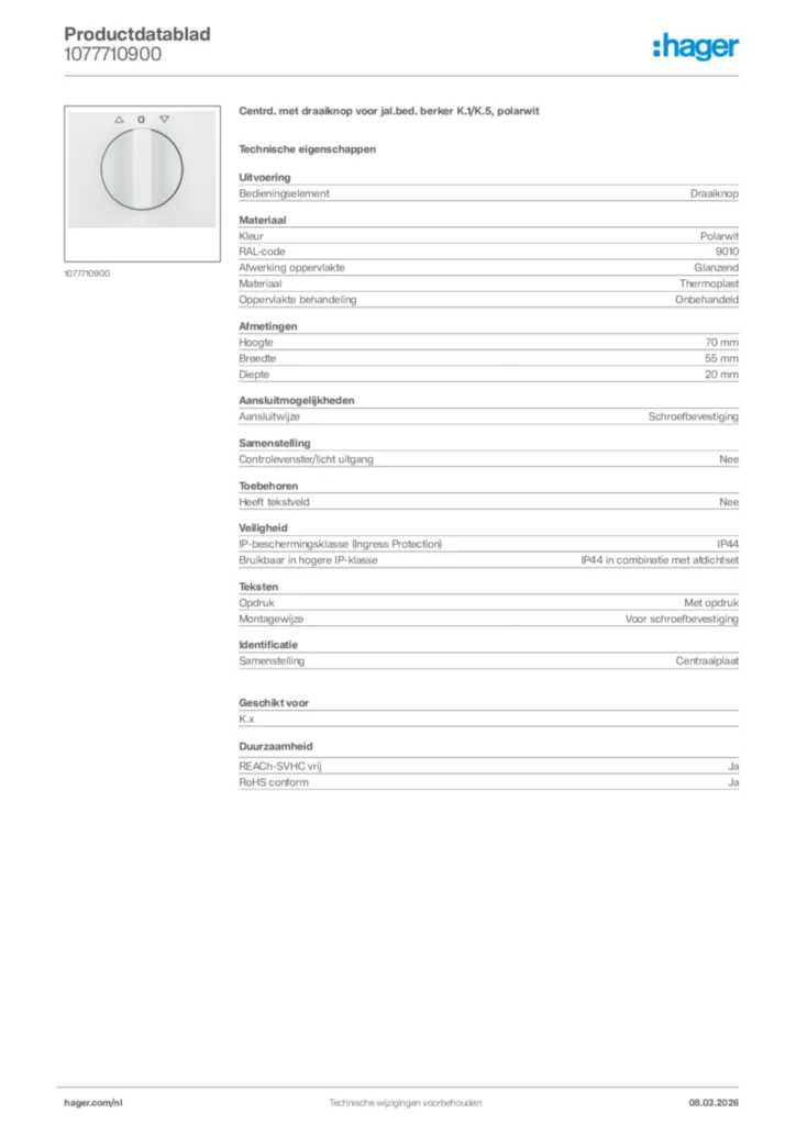Afbeelding Hager Productdatablad 1077710900 | Hager Nederland