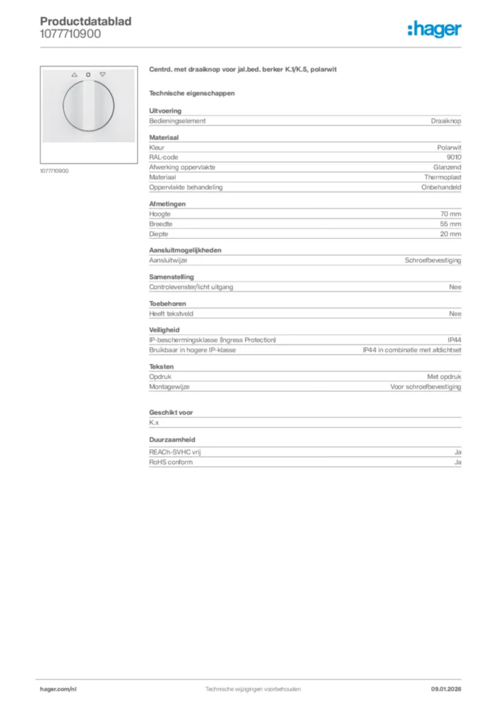 Afbeelding Hager Productdatablad 1077710900 | Hager Nederland