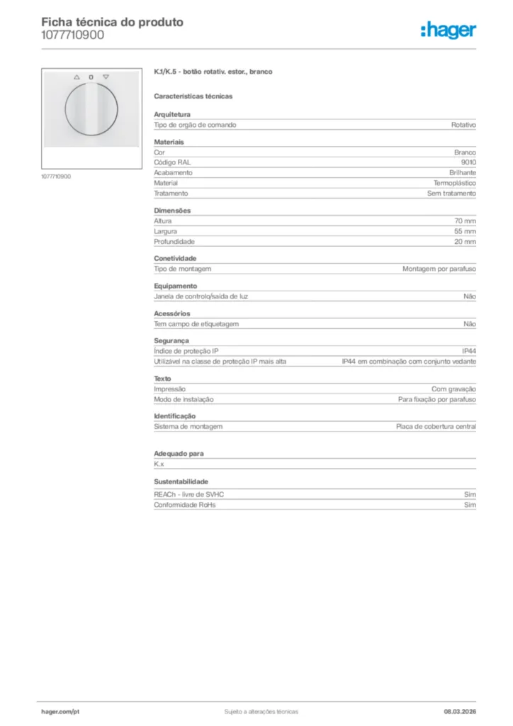 Imagem Hager Ficha técnica do produto 1077710900 | Hager Portugal