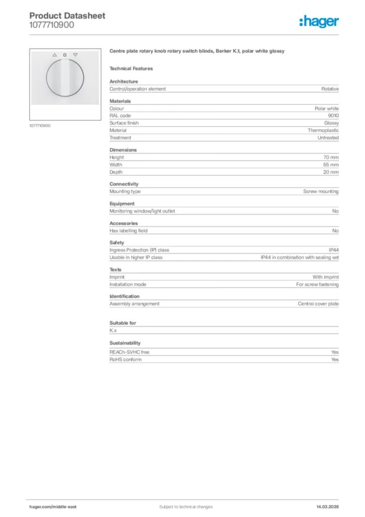 Image Hager Product data sheet 1077710900  | Hager