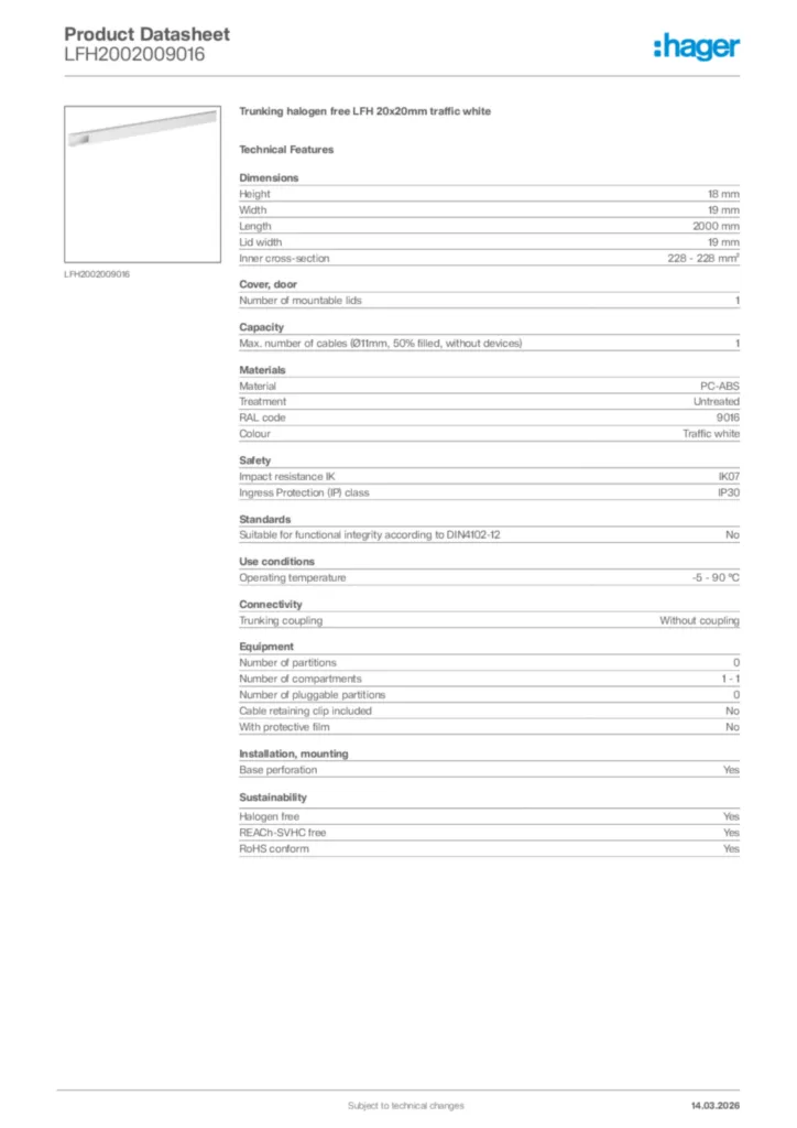 Image Hager Product data sheet LFH2002009016  | Hager Africa