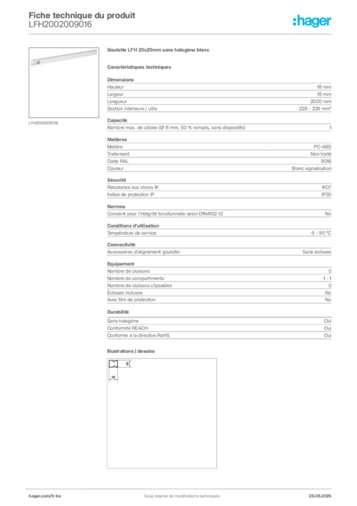 Image Hager Fiche technique du produit LFH2002009016 | Hager Belgique