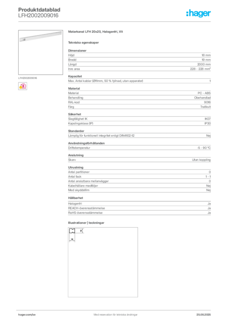 Bild Hager Produktdatablad LFH2002009016 | Hager Sverige