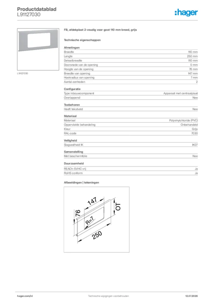 Afbeelding Hager Productdatablad L91127030 | Hager Nederland