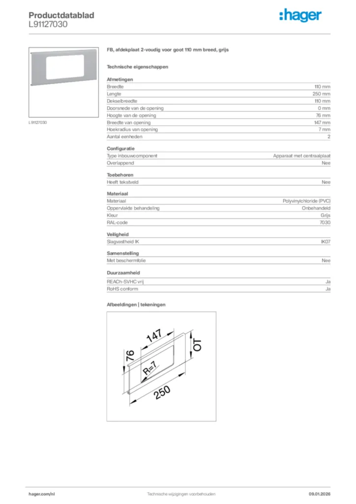 Afbeelding Hager Productdatablad L91127030 | Hager Nederland