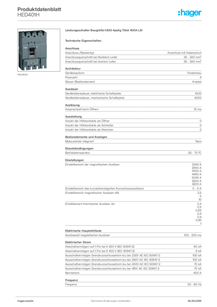 Bild Hager Produktdatenblatt HED401H | Hager Deutschland