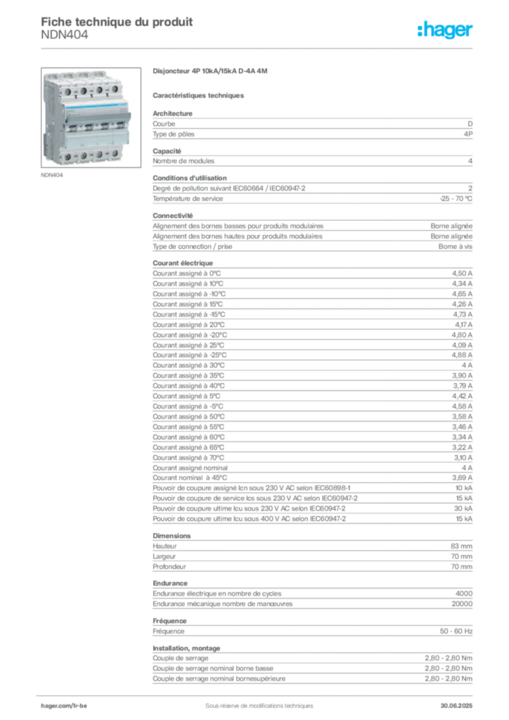 Image Hager Fiche technique du produit NDN404 | Hager Belgique