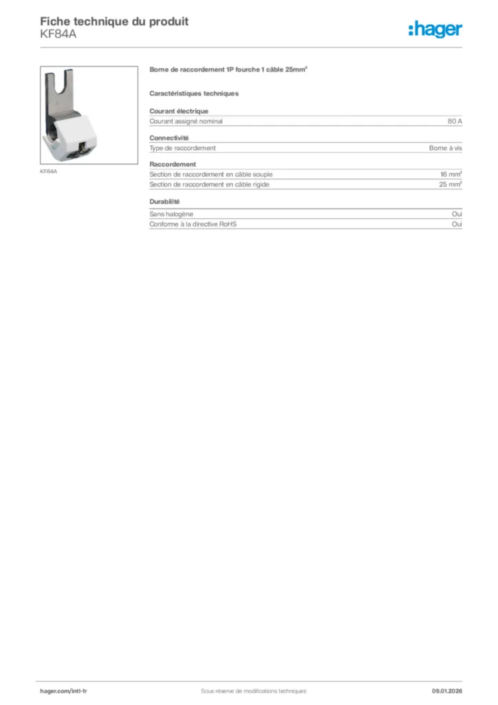 Image Hager Fiche technique du produit KF84A | Hager Afrique