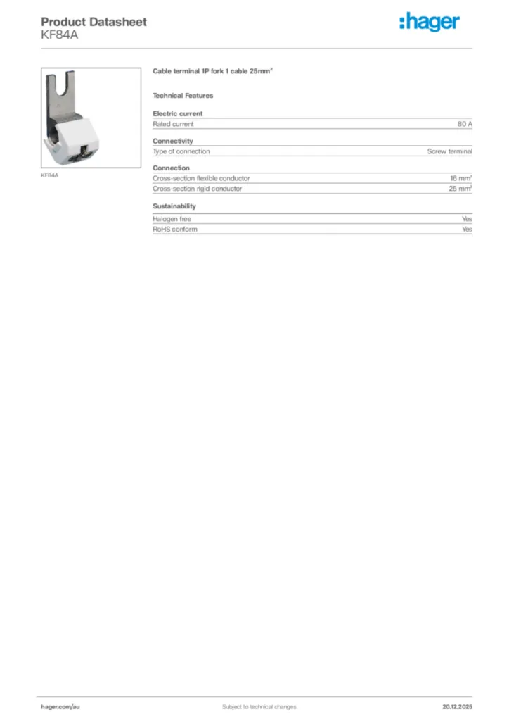 Image Hager Product data sheet KF84A  | Hager Australia