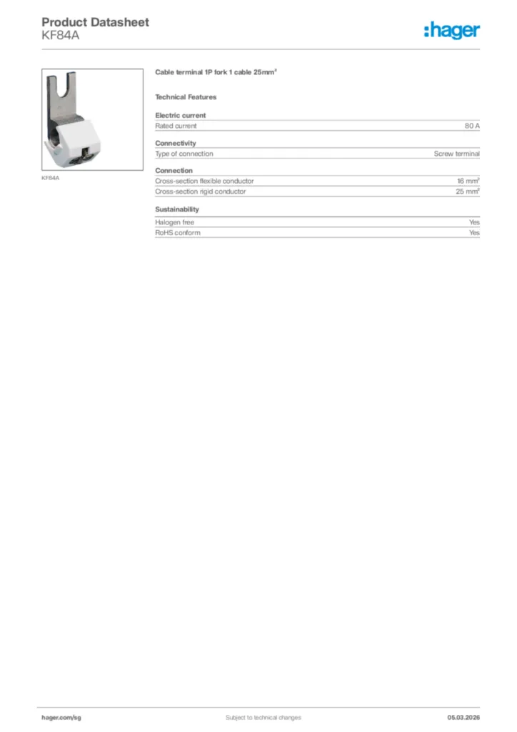 Image Hager Product data sheet KF84A  | Hager