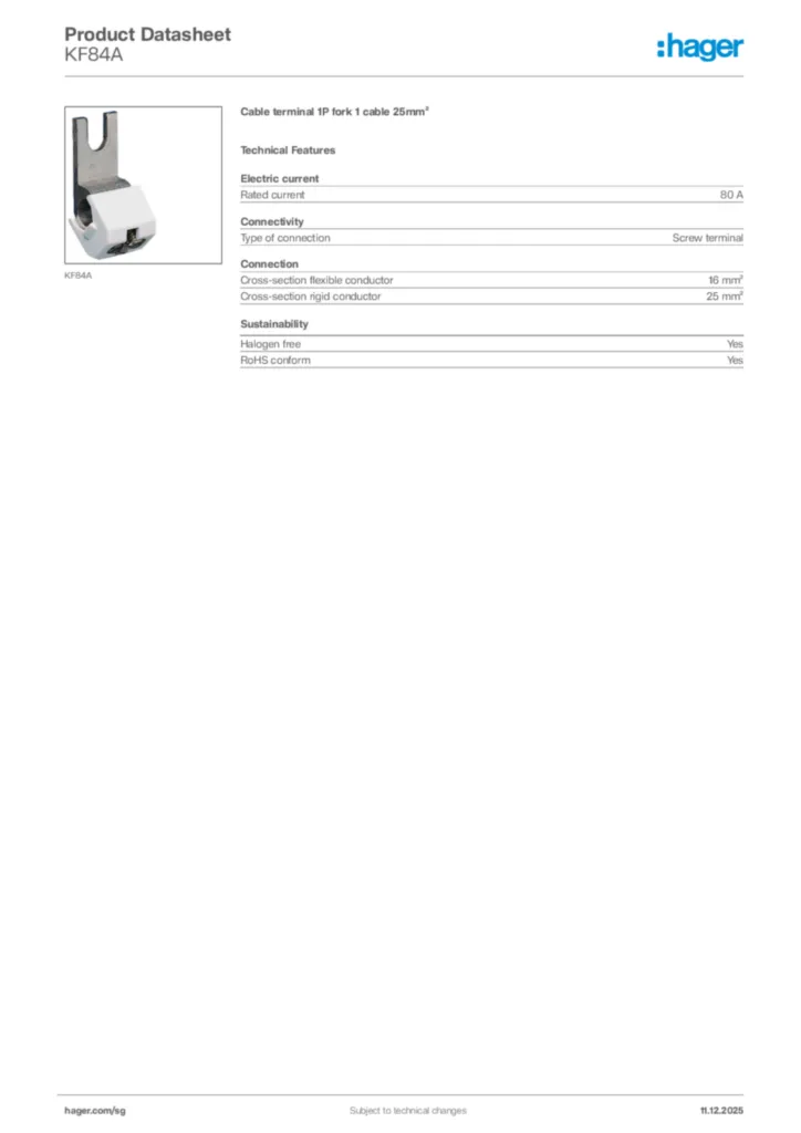 Image Hager Product data sheet KF84A  | Hager