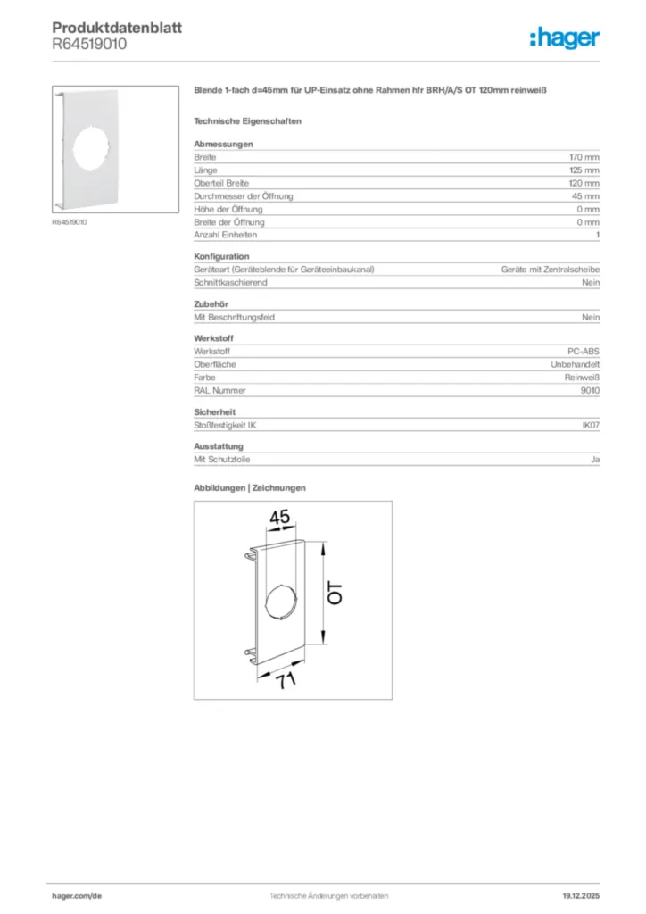 Bild Hager Produktdatenblatt R64519010 | Hager Deutschland