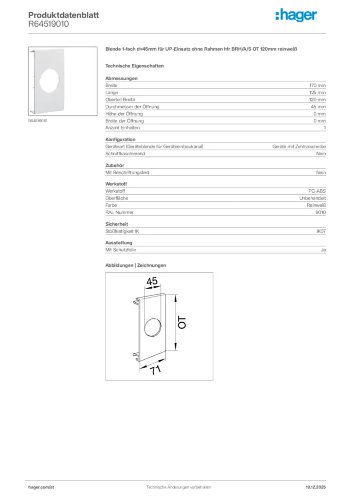 Bild Hager Produktdatenblatt R64519010 | Hager Deutschland