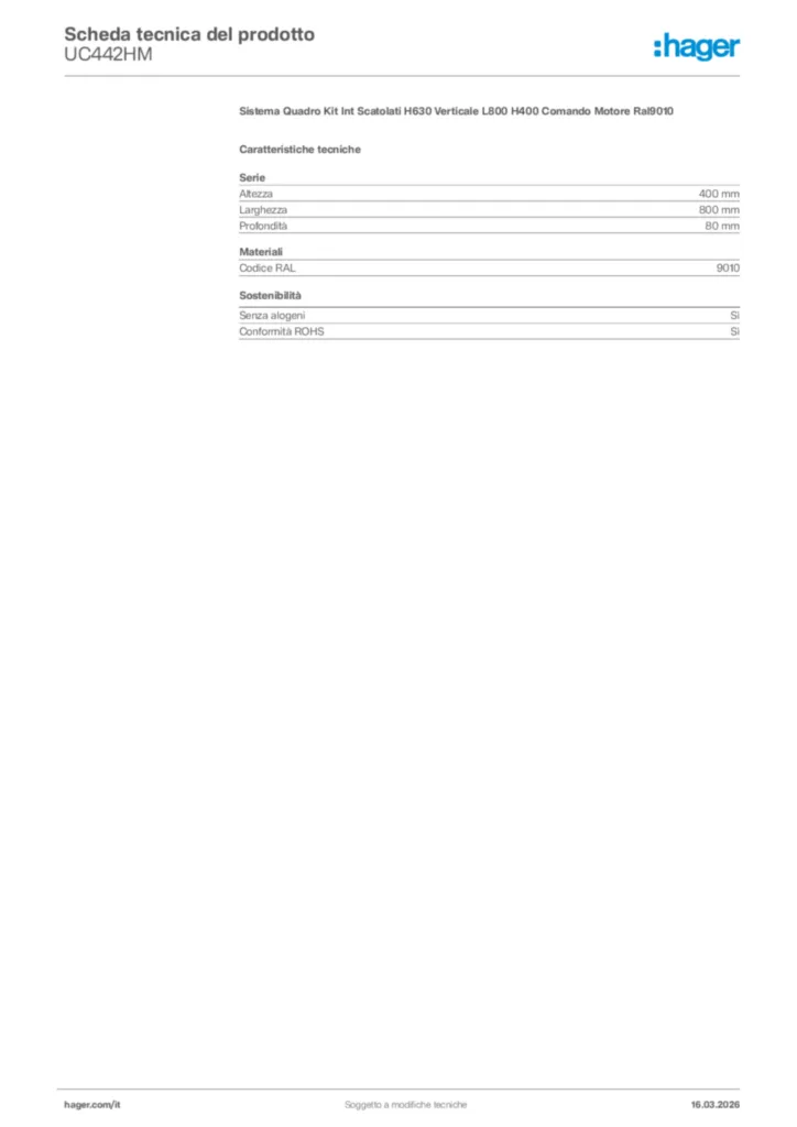 Immagine Hager Scheda tecnica del prodotto UC442HM | Hager Italia
