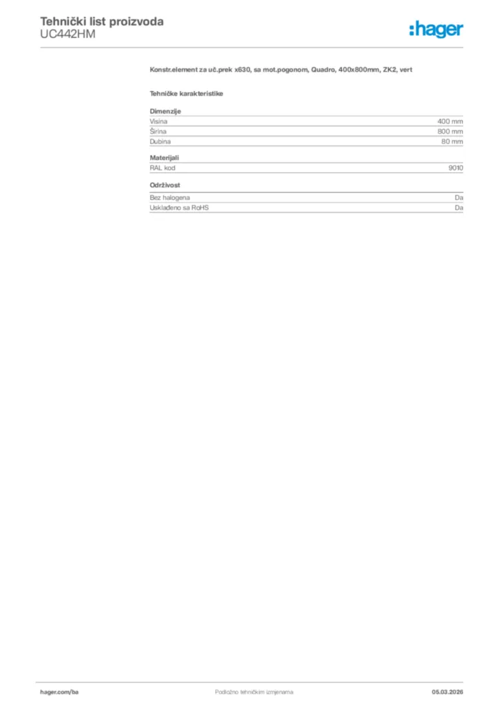 Slika Hager Tehnički list proizvoda UC442HM  | Hager