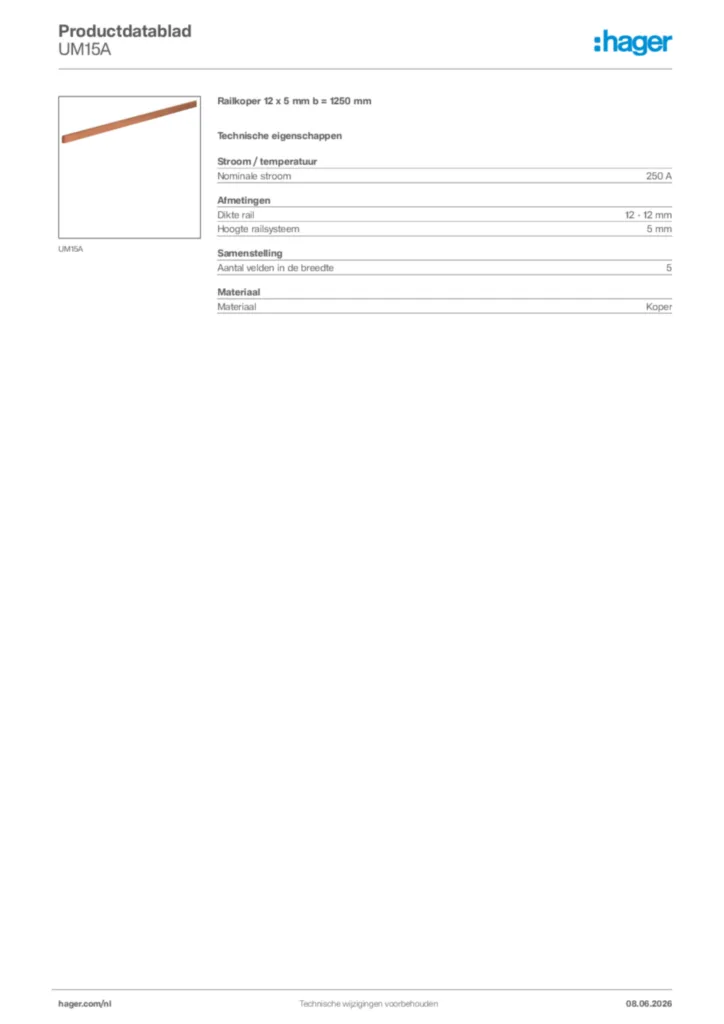Afbeelding Hager Productdatablad UM15A | Hager Nederland