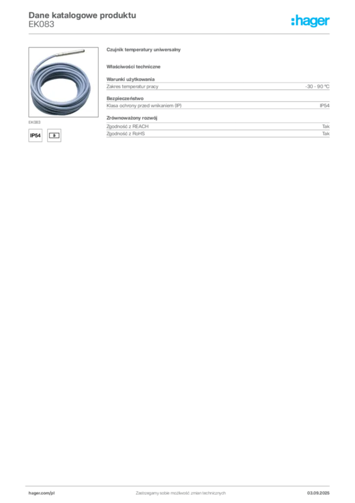 Zdjęcie Hager Karta katalogowa EK083 | Hager Polska