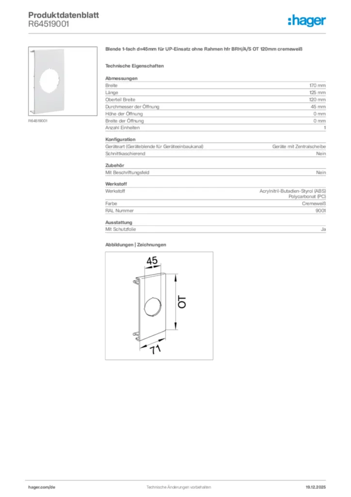 Bild Hager Produktdatenblatt R64519001 | Hager Deutschland