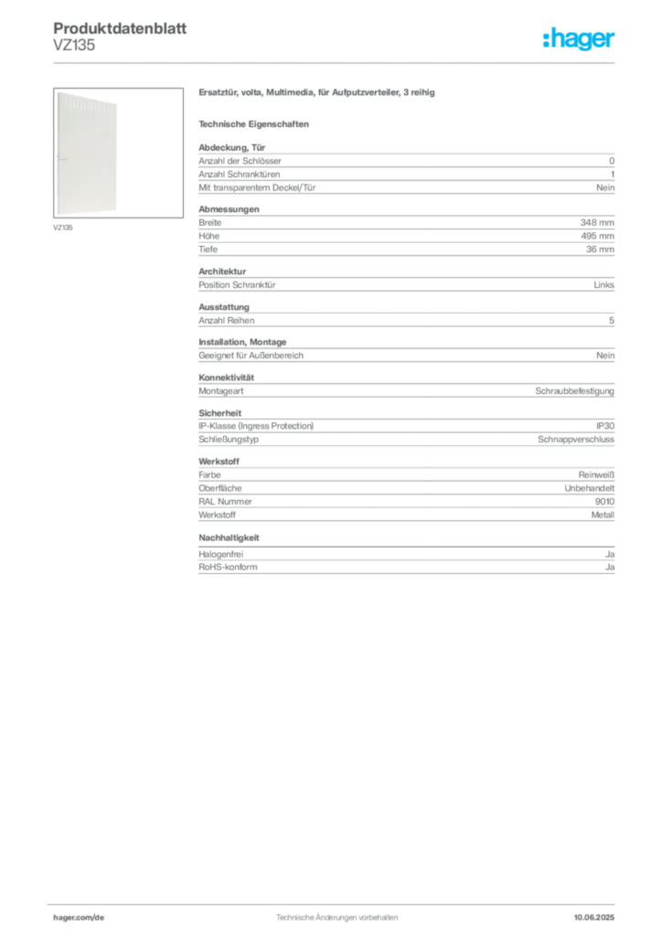 Hager Produktdatenblatt VZ135