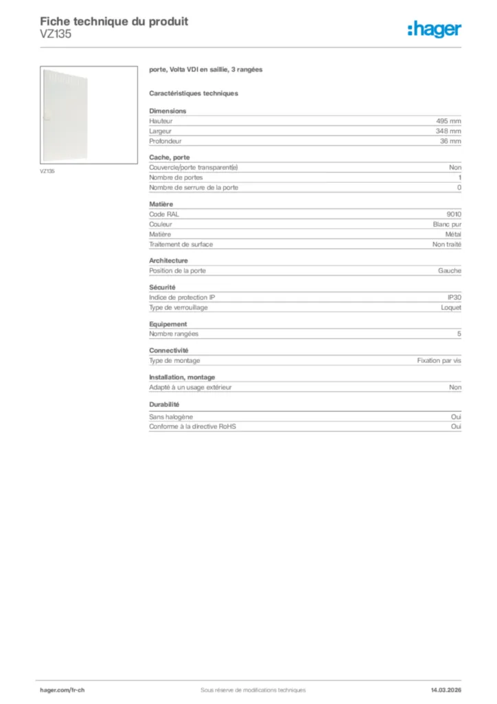 Image Hager Fiche technique du produit VZ135 | Hager Suisse