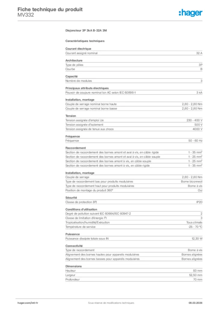 Image Hager Fiche technique du produit MV332 | Hager Afrique