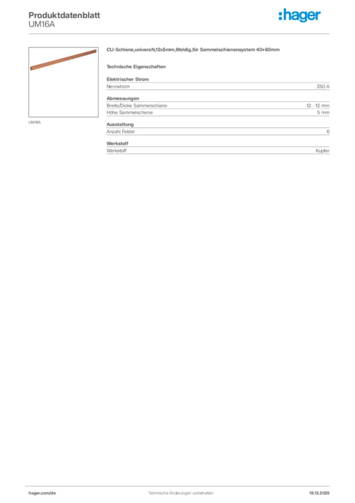 Bild Hager Produktdatenblatt UM16A | Hager Deutschland