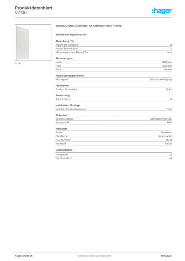 Bild Hager Produktdatenblatt VZ136 | Hager Schweiz