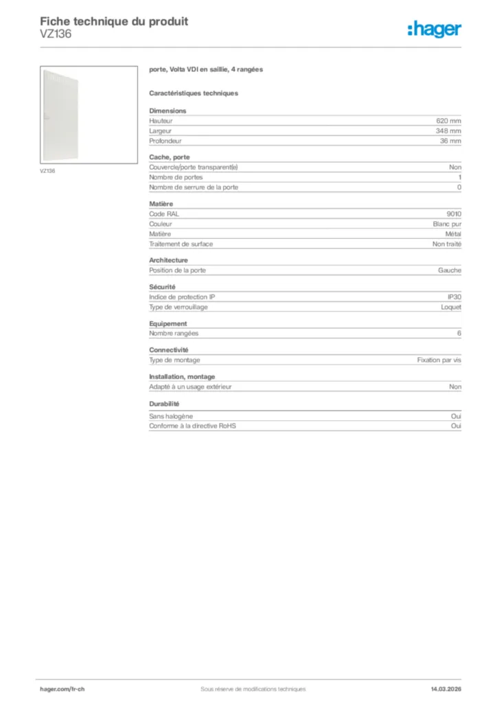 Image Hager Fiche technique du produit VZ136 | Hager Suisse