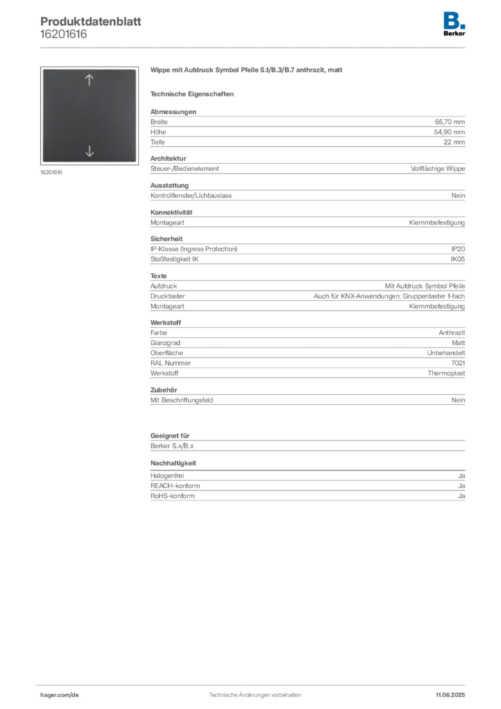Bild Berker Produktdatenblatt 16201616 | Hager Deutschland