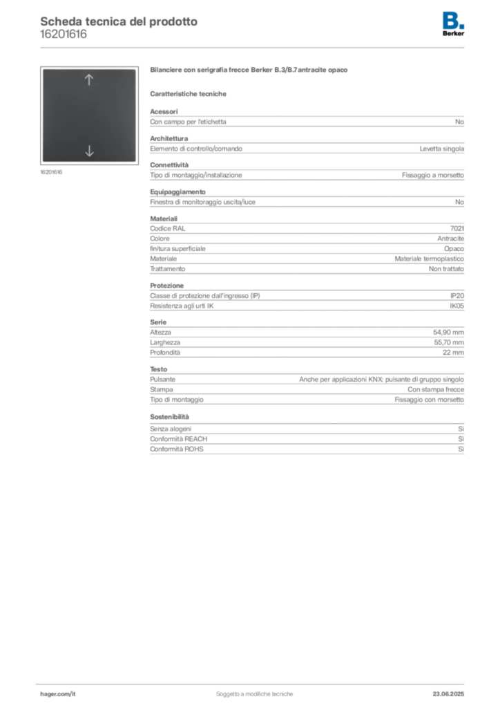 Immagine Berker Scheda tecnica del prodotto 16201616 | Hager Italia