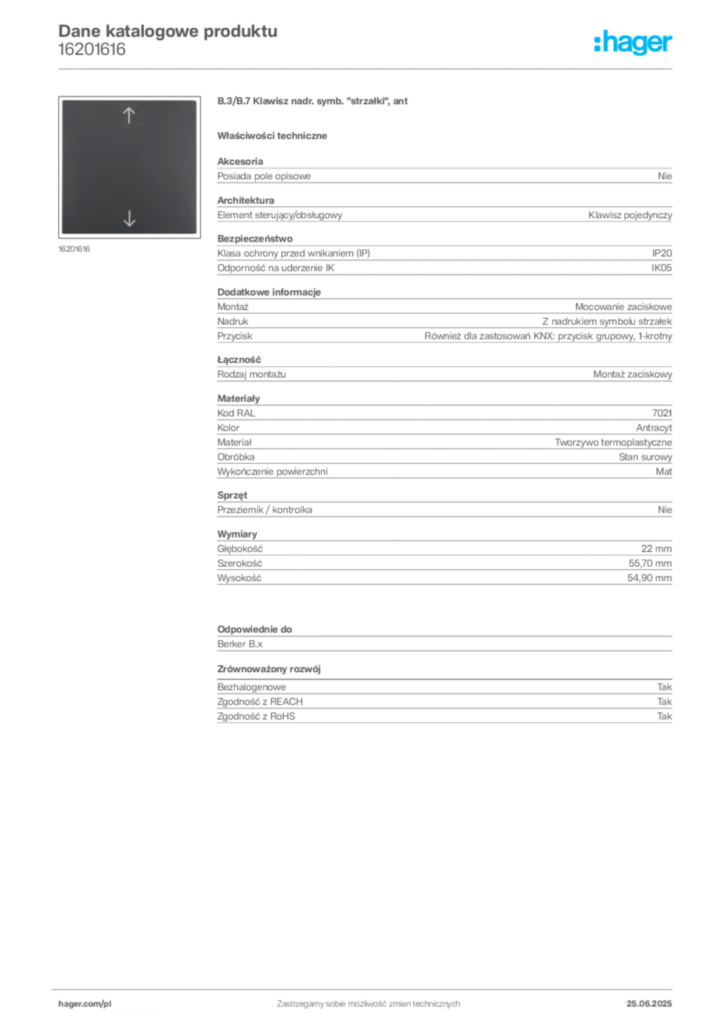 Zdjęcie Hager Karta katalogowa 16201616 | Hager Polska