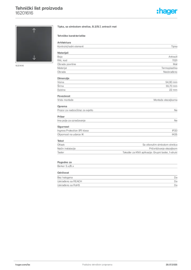 Slika Hager Product data sheet 16201616  | Hager