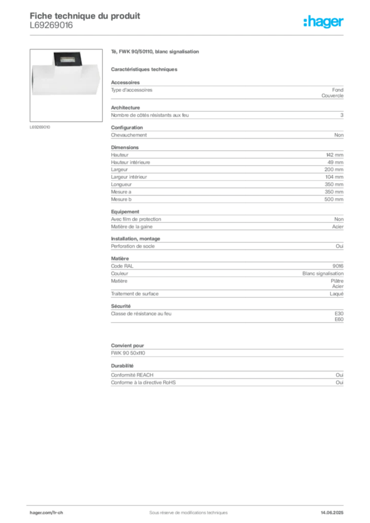 Image Hager Fiche technique du produit L69269016 | Hager Suisse