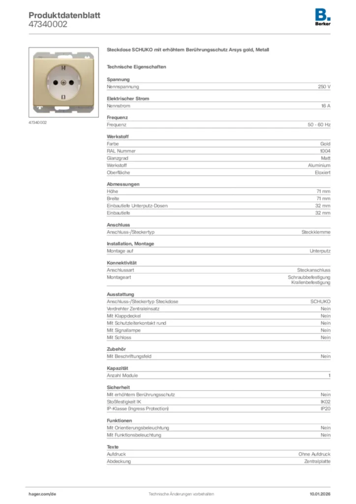 Bild Berker Produktdatenblatt 47340002 | Hager Deutschland