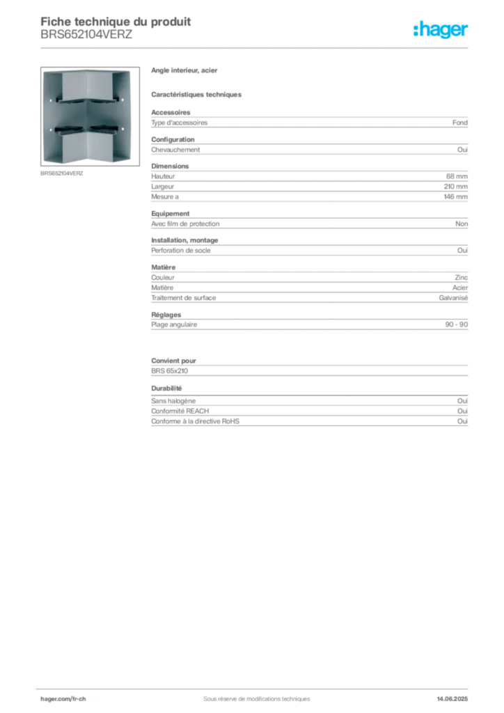 Image Hager Fiche technique du produit BRS652104VERZ | Hager Suisse