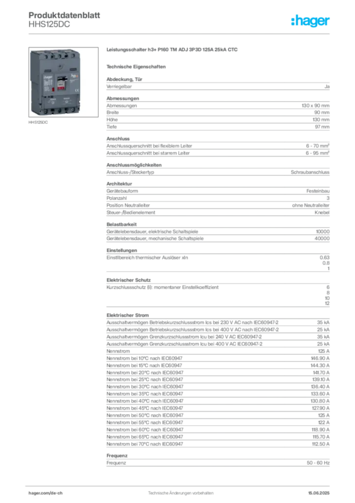 Bild Hager Produktdatenblatt HHS125DC | Hager Schweiz