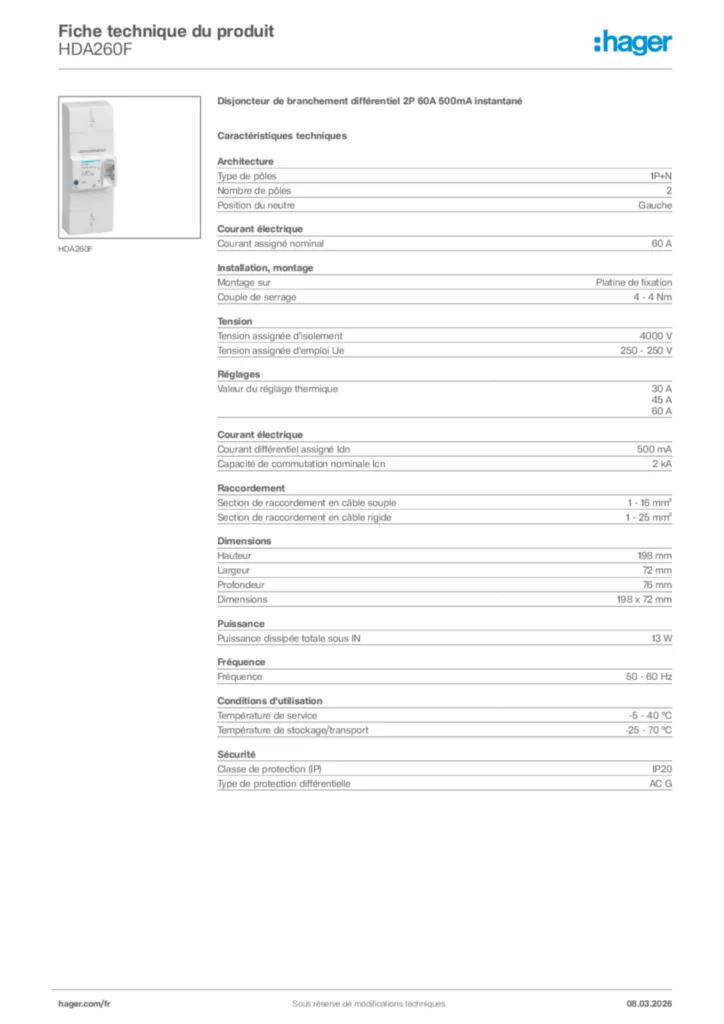 Image Hager Fiche technique du produit HDA260F | Hager France