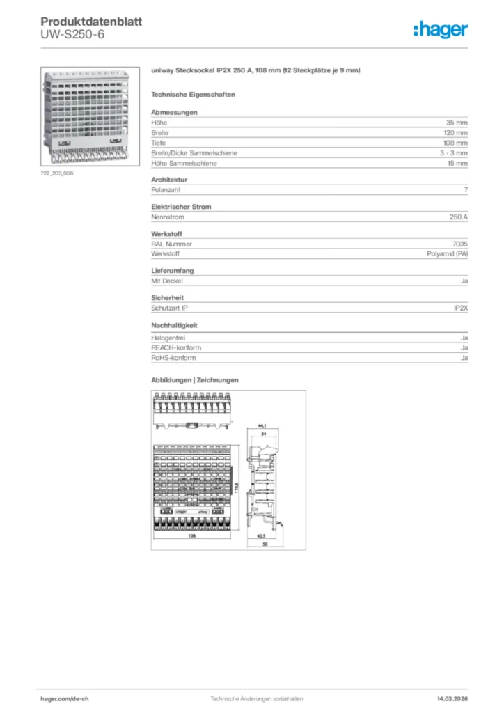 Bild Hager Produktdatenblatt UW-S250-6 | Hager Schweiz