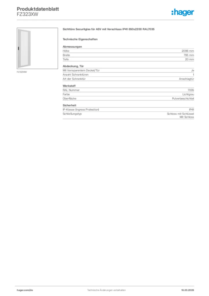Bild Hager Produktdatenblatt FZ323XW | Hager Deutschland