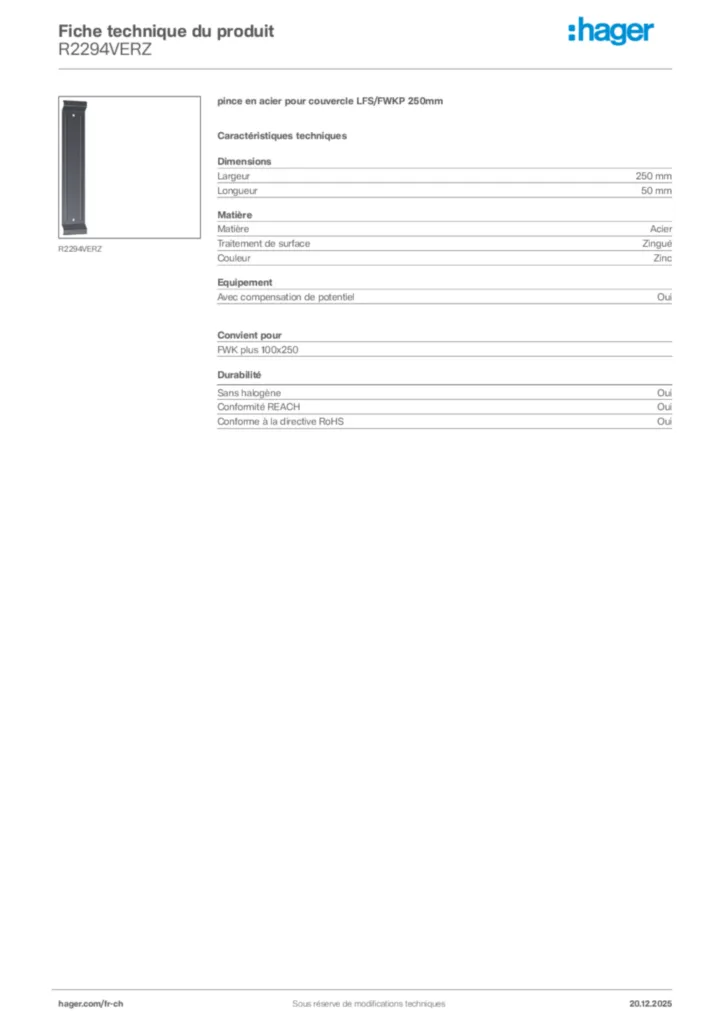 Image Hager Fiche technique du produit R2294VERZ | Hager Suisse