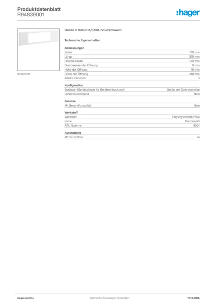 Bild Hager Produktdatenblatt R94839001 | Hager Deutschland