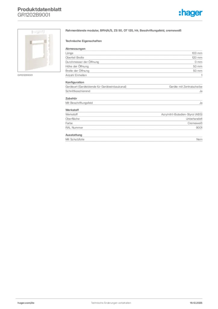 Bild Hager Produktdatenblatt GR1202B9001 | Hager Deutschland
