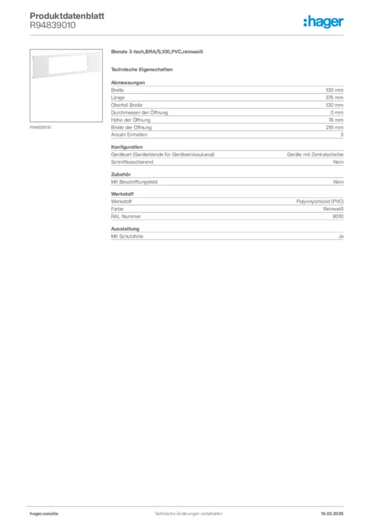 Bild Hager Produktdatenblatt R94839010 | Hager Deutschland